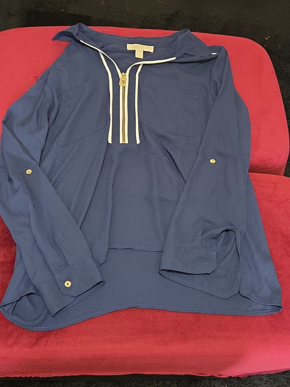 Michael Kors Blouse XL Navy Blue Zip Front Roll Tab Sleeve Shirt Gently Used - Picture 1 of 16